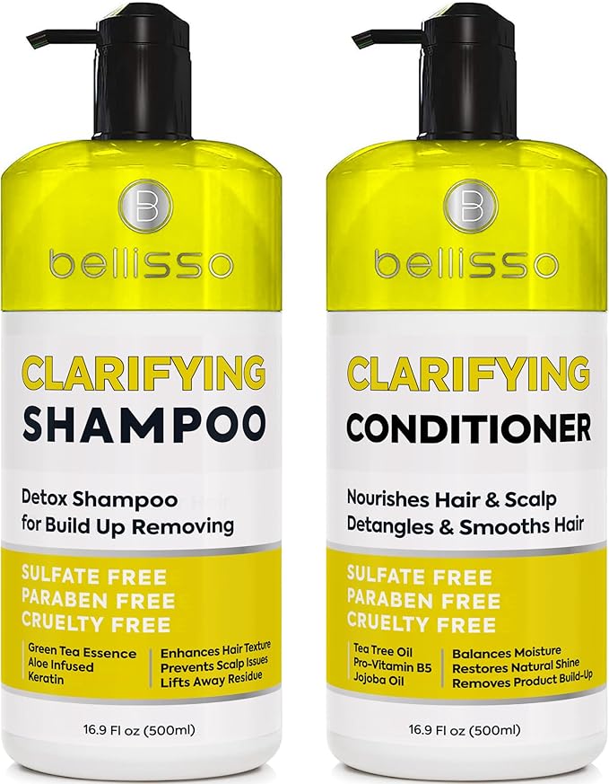 Clarifying Shampoo and Conditioner Set - Sulfate Free Hair Care Products for Women and Men - Build Up Remover for Curly, Straight, Color Treated, Oily and Black Hair - Hydrating Dry Split Ends Formula