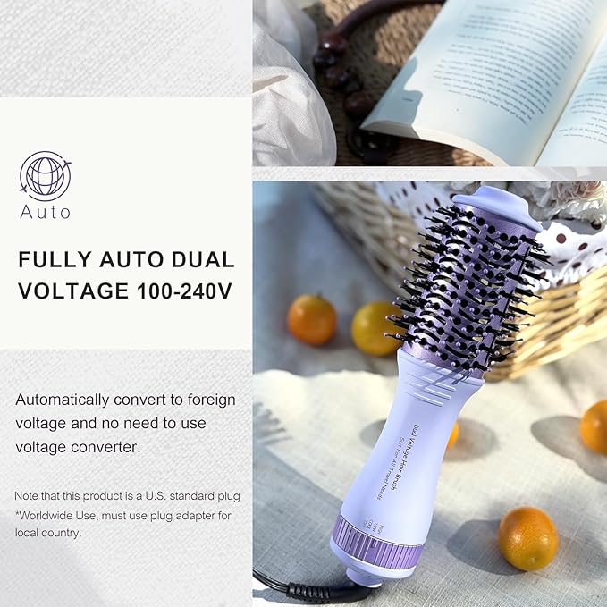 Dual Voltage Hair Dryer Brush Travel Blow Dryer Brush in One,2 inch Portable Mini Hot Air Brush,Travel Hair Tools/Volumizer/Straightener/Curler,European Blow Dry Brush with EU&UK Plug