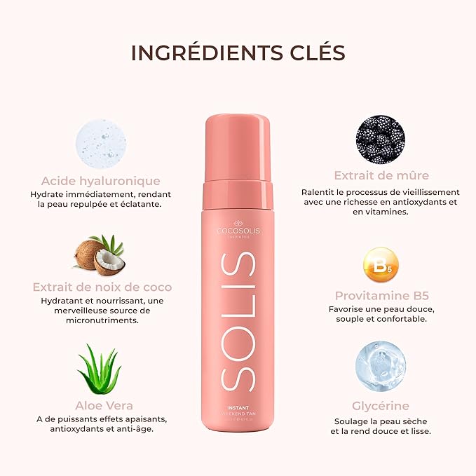 COCOSOLIS SOLIS Instant Weekend Tan Self-tanning lotion for face and body, mousse with immediate effect and washable, for a rich, natural and long-lasting tan, with plant-based DHA (200 ml)