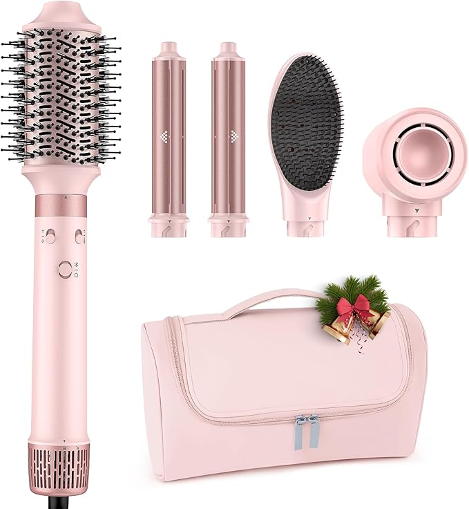 Dual Voltage Hot Air Styler Wrap - 5 in 1 Hair Dryer Brush with Fast Drying Blow Dryer, Styling, Straightening & Volumizing with Travel Bag (100V–240V) Gift for Women (Pink)