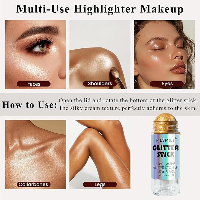 Gold Body Glitter Stick, Long Lasting Moisturizing Body Glitter for Women, Multi-Use Highlighter Makeup, Sparkling Face Glitter Mermaid Makeup for Kids, Travel Size for Daily, Festival, Party