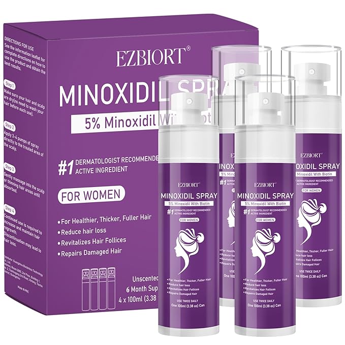 5% Minoxidil Spray for Women-4 PCS ，monoxide for men hair Infused with Biotin, hers hair regrowth treatment, Supports Thicker and Fuller Hair & Beard (13oz, 7 Month Supply)