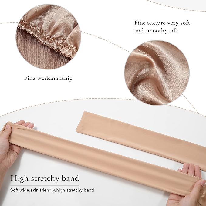 AWAYTR Long Satin Bonnet for Braids - Elastic Silk Hair Bonnets for Sleeping Night Cap Stretchy Tie Band for Women（Champagne）