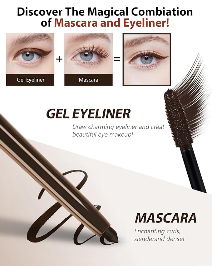Brown Waterproof Colored Mascara&Eyeliner,5D Fiber Mascara for Eyelashes Volume and Length, Smudgeproof Color Waterline Gel Eye Liner Pen Lengthening Curling Máscara Women Party Stage Use Makeup Gift