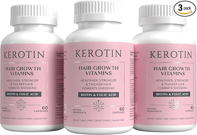 Kerotin Hair Growth Supplement for Longer, Stronger Hair - Enriched with Biotin, Folic Acid, Saw Palmetto to Promote Thick, Healthy Hair Growth (3 Months)