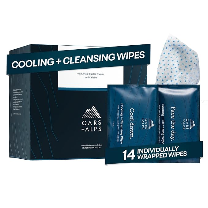 Oars + Alps Cooling Face & Body Wipes, Dual Sided Cleansing Wipes Towelettes for Post Workout, Activities,Commutes, Dermatologist Tested Skin Care with Menthol & Ginseng, Travel Friendly, 14ct