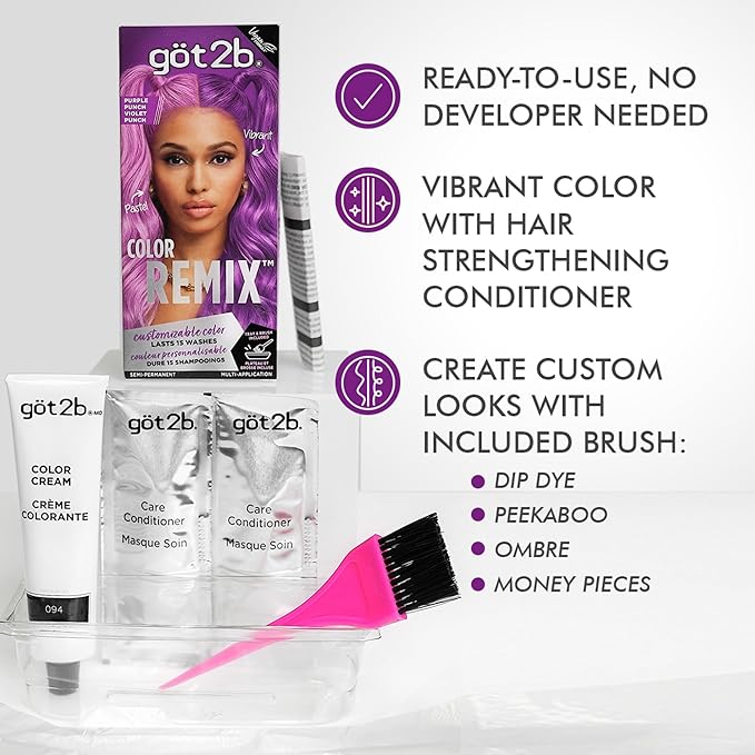 got2b Color Remix Semi-Permanent Hair Color, Purple Punch 094, Customizable Temporary Hair Dye to Create A Vibrant or Pastel Shade, Easy At-Home Application, Lasts Up to 15 Washes