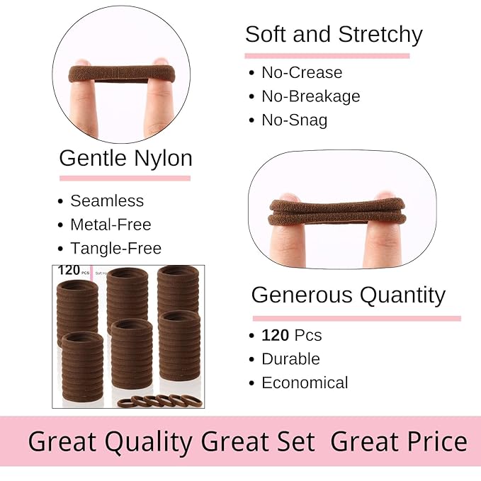 LuSeren 120 Pcs No Damage Hair Ties for Thick Hair, Large Soft Seamless Nylon Hair Elastics for Women, Ponytail Holders, Hair Accessories – brown
