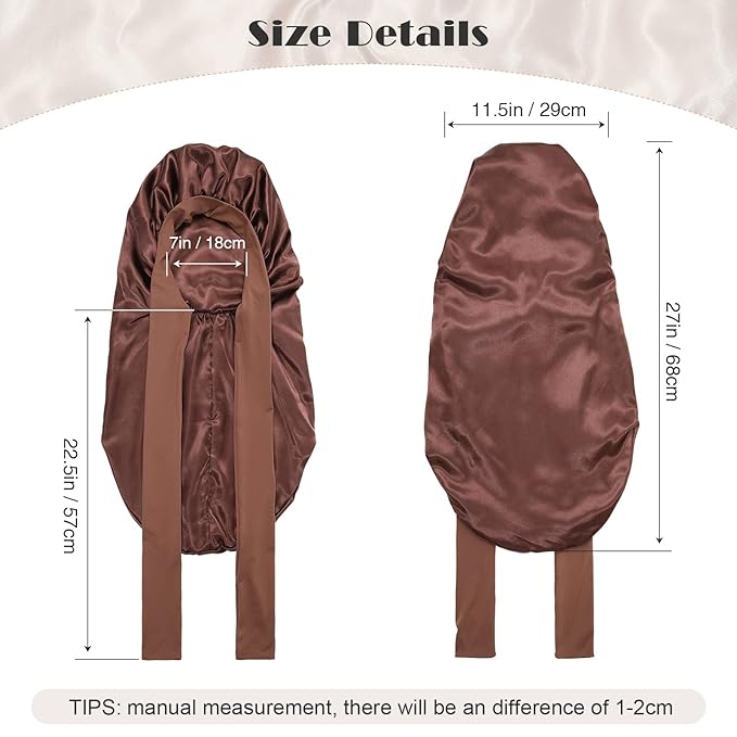AWAYTR Long Satin Bonnet for Braids - Elastic Silk Hair Bonnets for Sleeping Night Cap Stretchy Tie Band for Women（Brown）