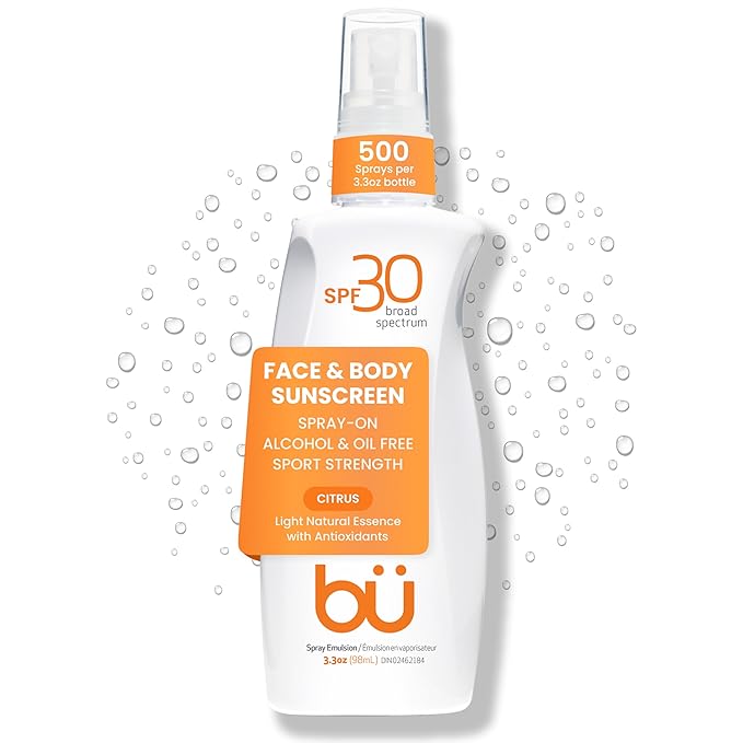BU SPF 30 Sunscreen Spray for Face and Body, Non Aerosol Spray, Clear WOWmist, TSA Travel Size Sunblock, Oil Free and Water Resistant for Sensitive Skin, Natural Citrus 3.3 oz