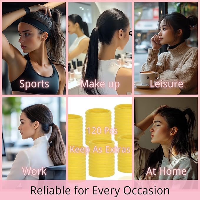 LuSeren 120 Pcs Yellow Hair Ties for Women, No Damage Soft Seamless Nylon Hair Elastics for Thick Hair, Ponytail Holders, Solid Yellow Hair Accessories