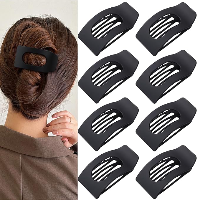 8 Pack Black Flat Hair Clips for Women – Large Matte No-Slip Rectangle Claw Clips for Thick & Thin Hair, Strong Hold Square Hair Accessories for Work & Daily Styling