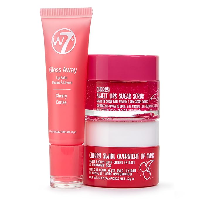 W7 Sweet Dreams Lip Care Trio - 3 Piece Gift Set - Overnight Lip Mask, Lip Balm & Lip Scrub - Cherry