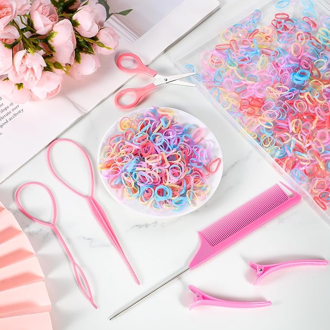 BESARME 1000pcs Mini Rubber Bands, Colorful Elastic Hair Ties with 6pcs Styling Tools for Baby Girls' Hair Accessories, Christmas Gifts