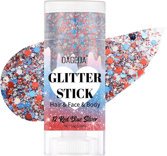DAGEDA Red White and Blue Body Glitter Stick, Sparkly Face Glitter Makeup, 4th of July Outfits Accessories for Women, Shimmer Face Paint Stick, Fourth of July Independence Day Costumes Accessories