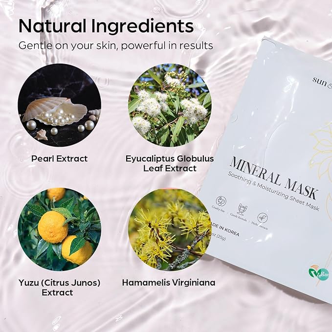 SUN & GLOW VEGAN MINERAL MASK with Pearl Extract Yuzu and Eucalyptus Using Mineral-Rich Deep Sea Water Korean Home Skincare Mask (0.88oz 25g 5Packs)