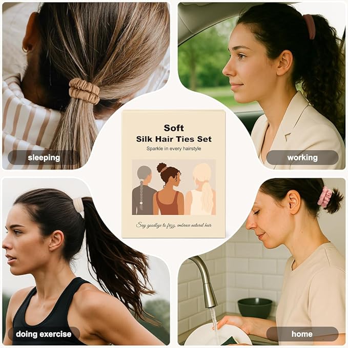 8PCS Silk Scrunchies & Seamless Cotton Hair Ties – No Damage, Elastic Ponytail Holders for Women, Strong Stretch Hair Bands for Thick & Fine Hair (Neutral Colors)