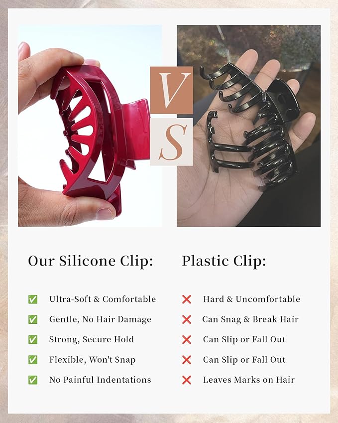 Mesovor 2 Styles Silicone Flexible Hair Claw Clips, 6 Pack Soft Bendable Hair Clips for Women | Rectangle Small Large Cozy Hairclips (Red, Coffee, Black)