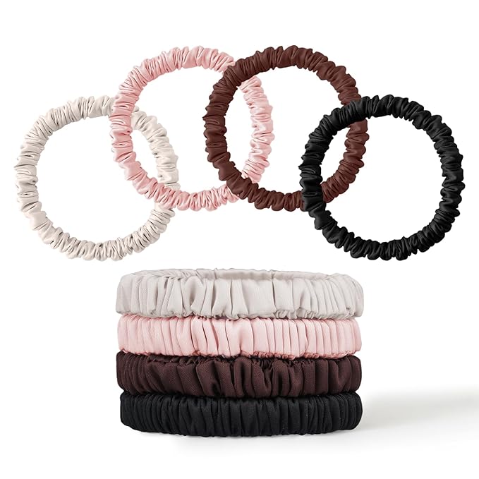 8Pcs Silk Scrunchies Hair Ties for Women & Girls, Mulberry Silk Scrunchies No-Damage Thin Satin Ponytail Holders for Hair Care(Clolor 09)