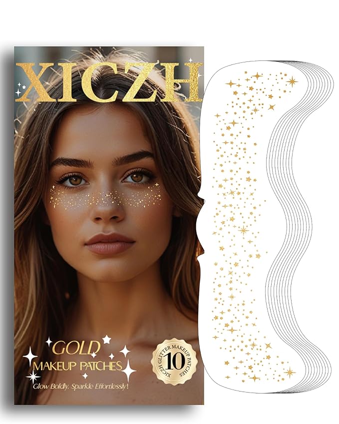 Face Glitter, Gold Temporary Face Tattoos Stickers, Body Face Glitter for Women Girls, Country Concerts Singer Festival Rave Accessories (Gold - 10 pcs)