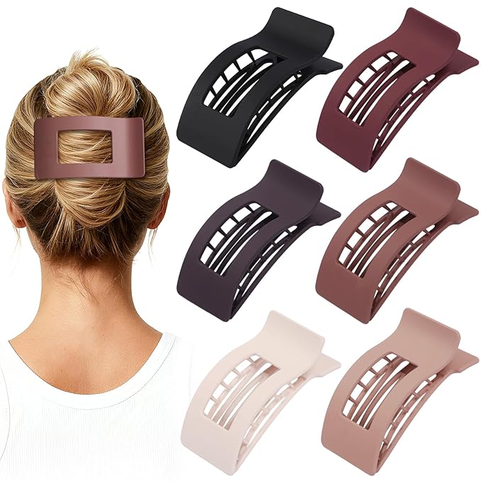 French Flat Hair Clips for Women 6pcs Hair Claw Clips for Thick or Thin Hair Matte Claw Clips for Girls Barrettes Non-Slip Strong Hold Hair Accessories for Women (Brown Scarlet)
