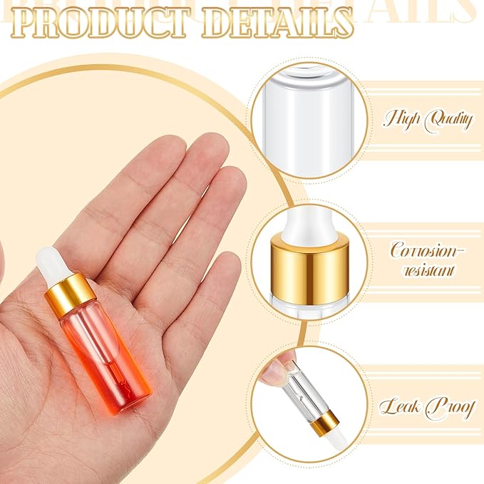 200 Pcs Mini Glass Oil Dropper Bottle Bulk, Clear Essential Small Empty Bottles Sample Containers Perfume Liquid Vials with Cap for Traveling (5 ml,Gold)