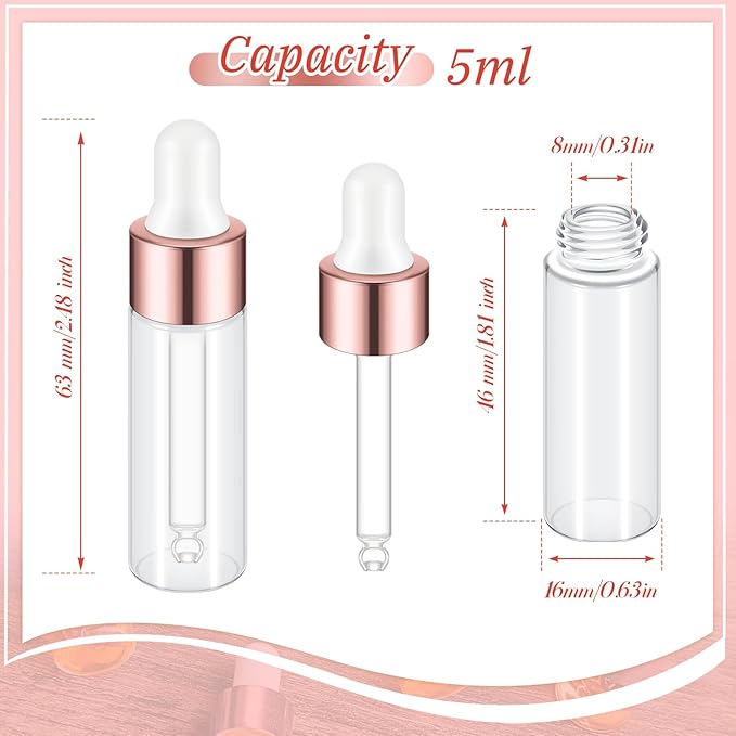 200 Pcs Mini Glass Oil Dropper Bottle Bulk, Clear Essential Small Empty Bottles Sample Containers Perfume Liquid Vials with Cap for Traveling (5 ml,Rose Gold)