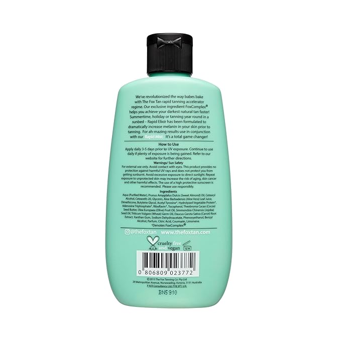 The Fox Tan Rapid Tanning Elixir, Natural Tanning Accelerator Lotion For Darker & Faster Tans, Creates Flawless Tan Skin, Vegan & Cruelty-Free, 120mL