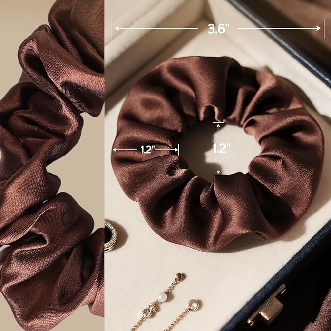 Silk Scrunchies for Women, 100% Mulberry Silk Hair Ties No Damage, Gentle No-Pull Elastic Ponytail Holders, 1Pc (Coffee)