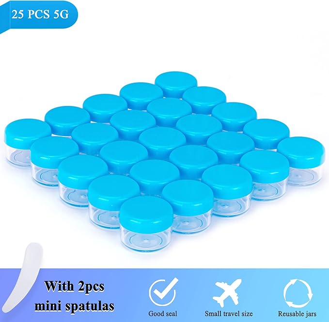 25PCS 5 Gram Sample Containers, 5ml Empty Jars with Lids, Small Cosmetic Containers, Mini Sample Jars with 2PCS Mini Spatulas for Make Up, Oils, Lotion, Powder, Paint, Jewelry, Lip Balms(Blue Lid)
