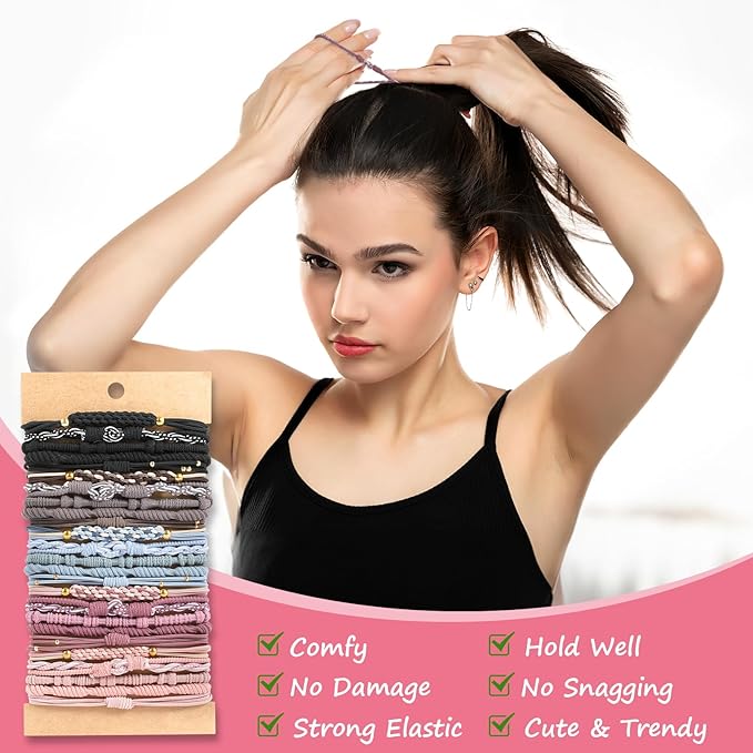 Hair Accessories, 25 PCS of 5 Styles Boho Hair Tie Bracelets with Beads - Cute Elastic Bands for Thick or Thin Hair, No Damage, Pink for Girls and Women