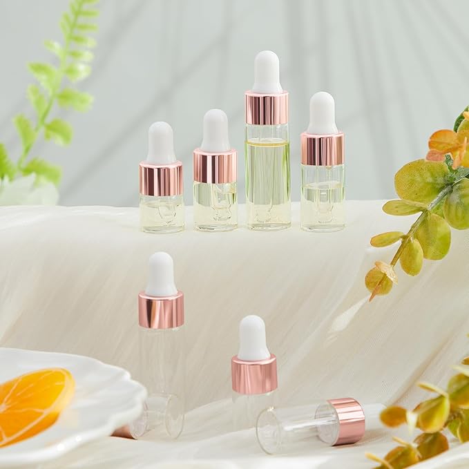 20 Pcs Mini Glass Oil Dropper Bottle Bulk, Clear Essential Small Empty Bottles Sample Containers Perfume Liquid Vials with Cap for Traveling (1ml,2ml,3ml,5ml,Rose Gold)