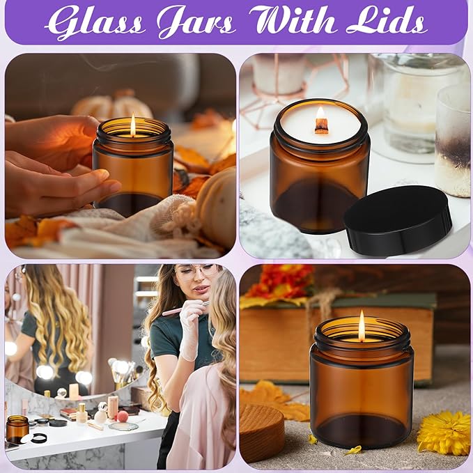 24 Pcs 4 oz Glass Jars with Lids, Clear Candle Jars with Black Lids Round Empty Candles Container Tins Candle Making Storing Lotions Spice Powder Liquid Sample Makeup (Amber)