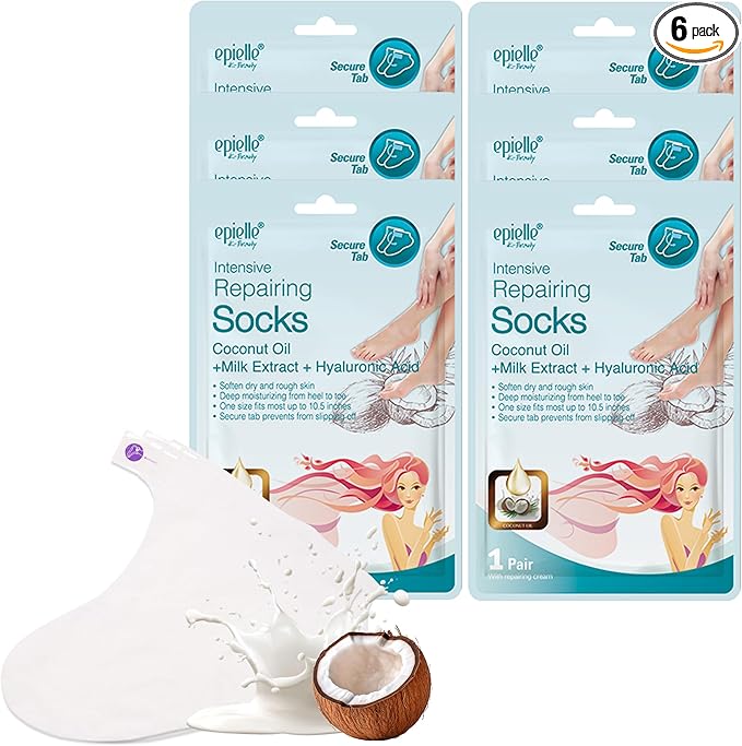 Epielle Intensive Repairing Foot Mask 6 Pairs, Renew and Soften with Coconut Oil & Milk Extract, Deep Moisturizing Socks for Dry, Cracked Feet, Self Care Gifts for Women, Spa Kit, Stocking Stuffers