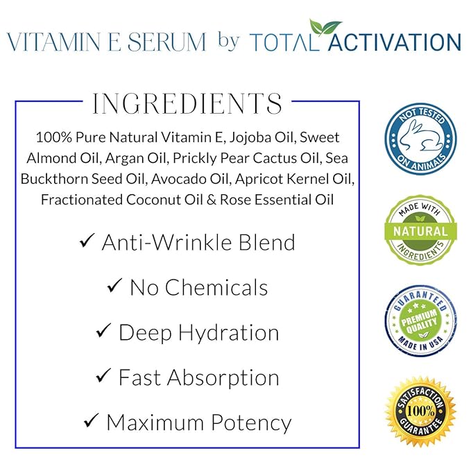 Total Activation Vitamin E Face Serum – Organic Vitamin E Oil 100% Pure, Cold Pressed for Skin, Face, Hair & Nails – Moisturizer for Dry Skin, Scars & Anti-Aging – for Glowing Skin – 4 oz