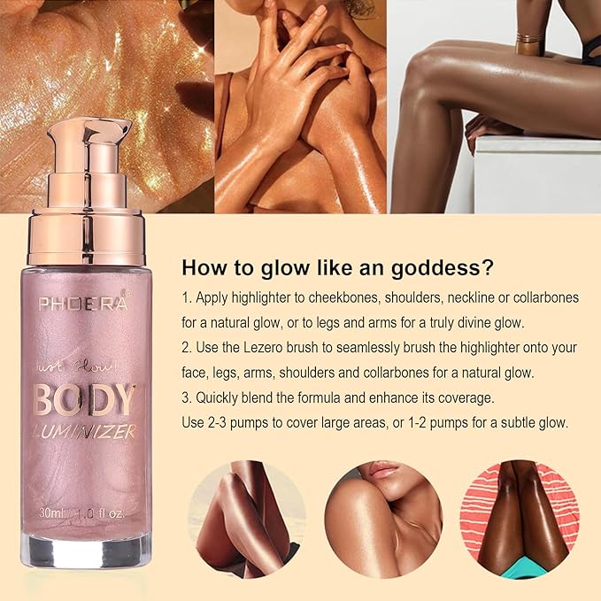Body Shimmer Oil, Sparkle Pink Natural Glow Luminizer, Long Lasting Waterproof Moisturizing Liquid Illuminator Highlighter Makeup for a Sun-Kissed Glow, Brush Include, 1oz, Fair