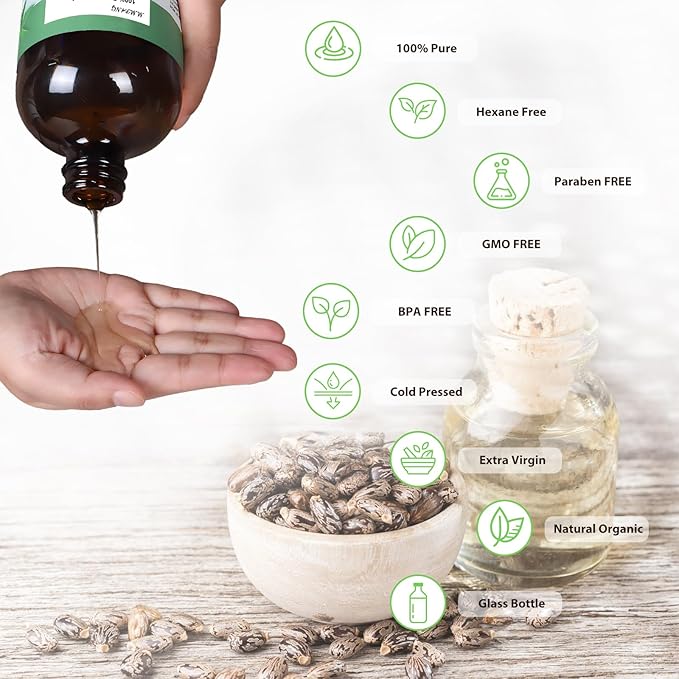 Organic Castor Oil for Body, Hair & Lashes Brow, USDA Certified 100% Pure Natural Glass Bottle, Cold Pressed, Hexane Free. Castor Oil for Hair Growth, Thicker Fuller Brows, 16.9oz