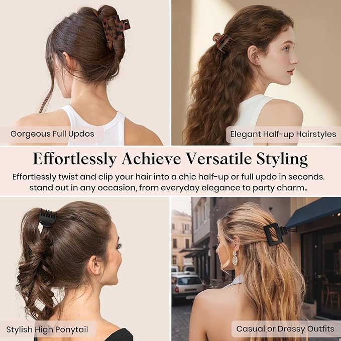 8 Pcs Medium Hair Clips for Women Girls - 2 Styles Rectangle and Double Row Teeth Small Claw Clips for Thin Thick Hair, Matte Non-slip Strong Hold Jaw Clips Hair Accessories, Tortoise & Black