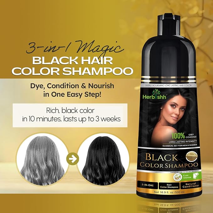 Herbishh Hair Color Shampoo for Gray Hair – Natural Hair Dye Shampoo – Lasts Up To 3-4 Weeks – 500ML – 3-In-1 Hair Color – Colors, Cleanses, and Conditions (Black GiftSet)