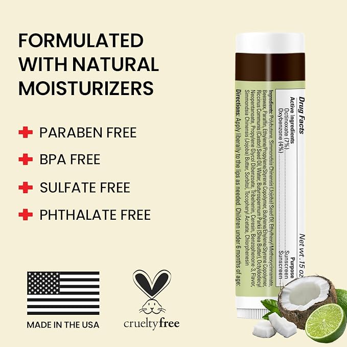 Dr. Hess Original Udder Stick SPF Lip Balm, Soothing Moisturizer Sun Screen Balm for Dry Lips with Jojoba, Beeswax & Shea Butter, Total Lip Care, Hydration & Repair, Coconut-Lime Flavor, 4 Pack