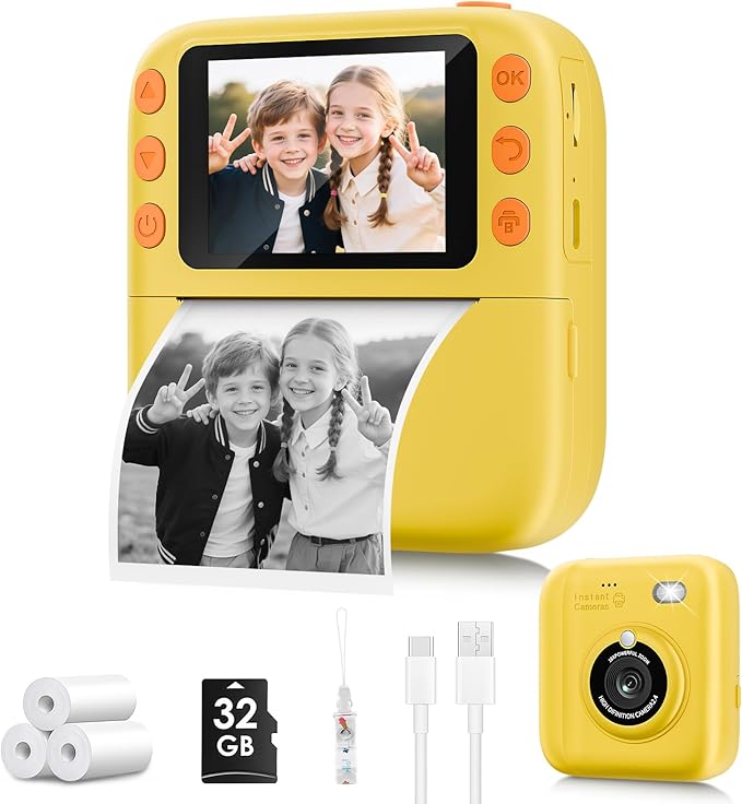 Instant Print Camera for Kids, Christmas Birthday Gifts for Girls Boys, 1080P Instant Digital Print Cameras for Toddler,Portable Toy for 4 5 6 7 8 9 10 Year Old Girl with 32GB SD Card，Yellow