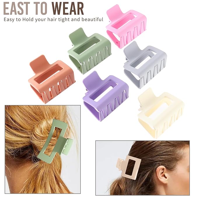 12 Pack Square Colorful Hair Clips, Big and Small Neutral Rectangle Claw Clips, Non-slip Matte Hair Clips for Women,Strong Hold jaw clip for Thick Thin Hair Silver Brown White Pink