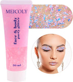 MEICOLY Chameleon Baby Pink Body Glitter,Pink Turn to Purple Face Glitter Paint,Color Changing Mermaid Face Glitter Gel for Halloween,Chunky Glitter for Face Body Hair,Festival Party Glitter Makeup