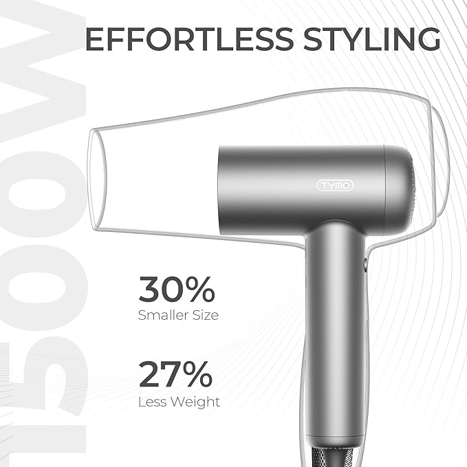 TYMO Ionic Hair Dryer for Women, Professional Blow Dryer with 110000 RPM Brushless Motor for Fast Drying, Travel Lightweight AIRHYPE Lite Hairdryer, Low Noise, 4 Temps & 3 Speeds for Man, Silver