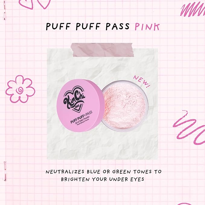Kimchi Chic Beauty Puff Puff Pass Set and Bake Setting Powder for Makeup, Extra Fluffy Loose Face Powder Poof, Soft Natural Face Makeup for Uneven Skin Tone, 09 Pink