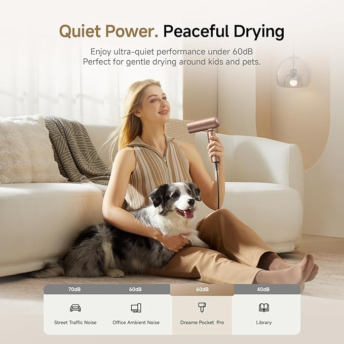 Dreame Pocket Pro Hair Dryer, Dual Voltage Travel Blow Dryer with Diffuser, 1300W Professional HighSpeed Ionic Hair Blower, Fast Drying, Low Noise, Lightweight, No Heat Damage, Global Travel 120V/240V