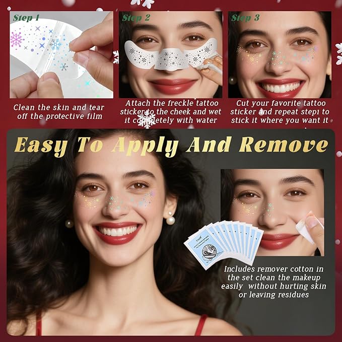 10pcs Christmas Face Glitter Freckles Tattoo, Holographic Body Glitter Faux Freckle Stickers for Women Girls, Sparkle Star Speckles Makeup Patches for Concert Festival Rave Cosplay Accessories