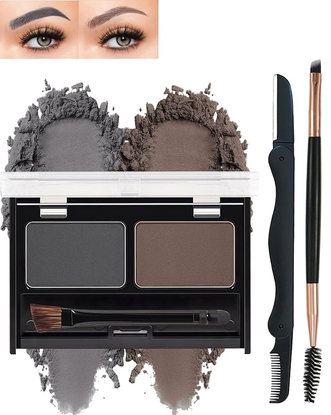 Eyebrow Powder Makeup Kit for Women,2 Colors Eye Brow Powder Waterproof Tinting Palette Long-Lasting,Grey Dark Brown Brow Fill&Sculpt Natural Eyebrow Contour for Sparse Brow with Brow Brush &Razor-04