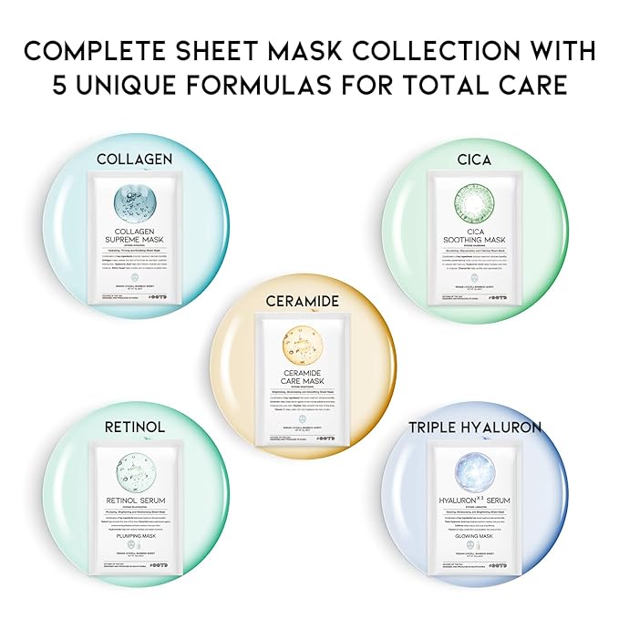50Combo Korean Face Sheet Mask Gift Pack, Hydrating, Calming, Brightening, Smooting, Rejuvenating, EVE Vegan, Cica, Hyaluron, Retinol, Ceramide, Collagen