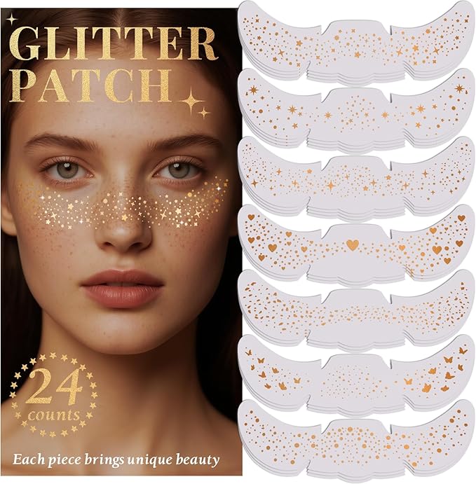 24pcs Glitter Freckles Makeup Patches-Gold-Face Speckle, Sparkle Speckles Patches for Women, Cute Golden Fake Freckles, Glitter Freckle Face Tattoo, Accessories for Musical Festival